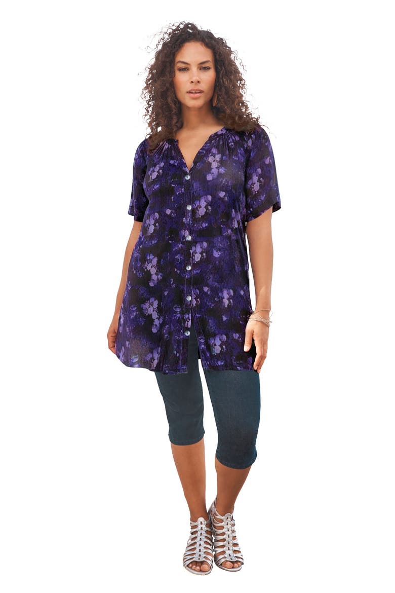 Plus Size Angelina Crinkle Crepe Y Neck Short Sleeve Tunic, Main, color, BLACK SPRAY FLORAL