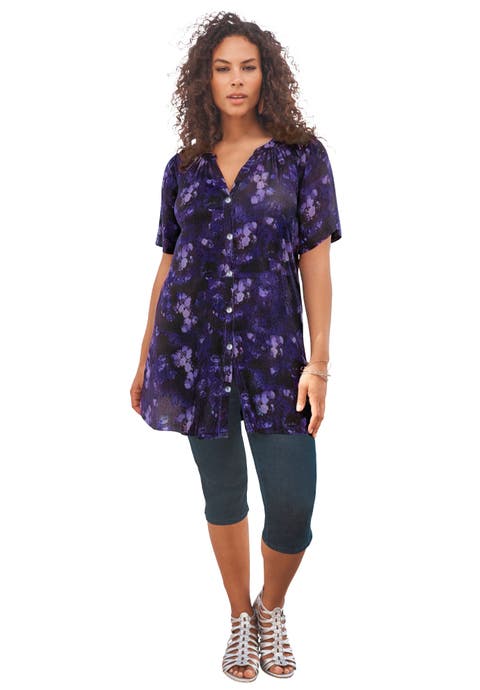 Plus Size Angelina Crinkle Crepe Y-Neck Short Sleeve Tunic