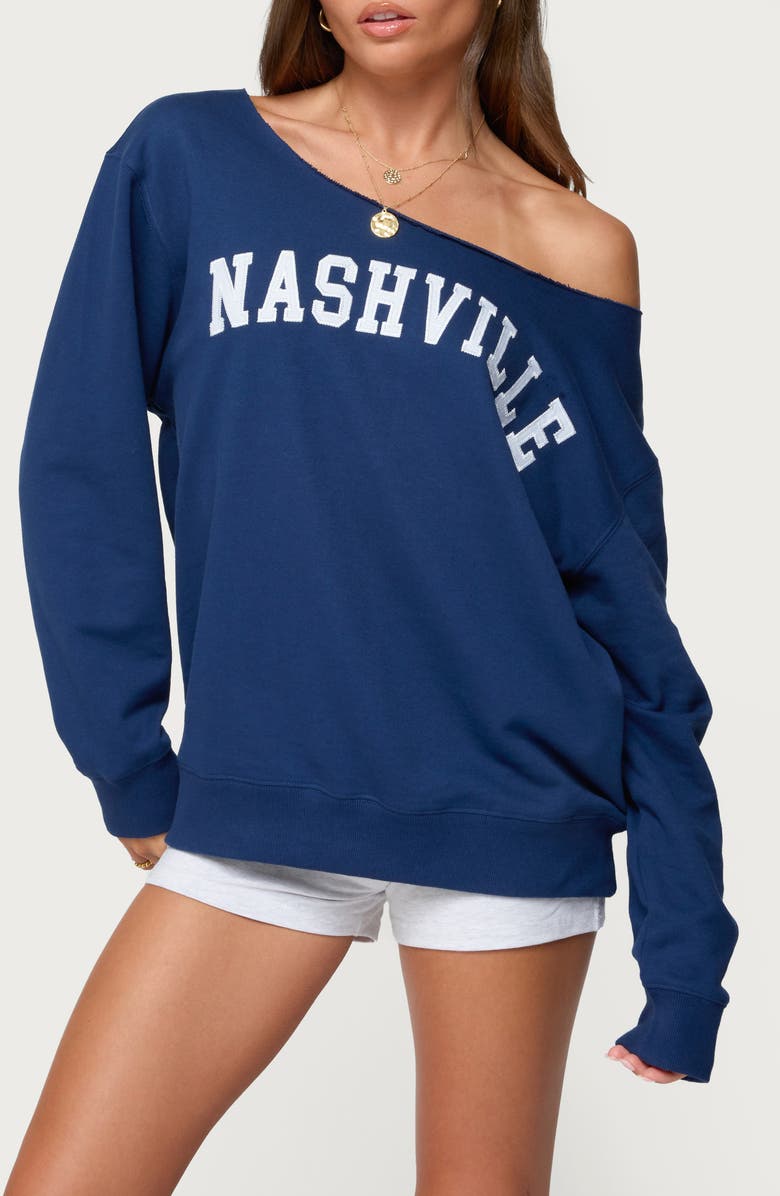 EDIKTED Nashville Oversize Off the Shoulder Sweatshirt, Main, color, Navy