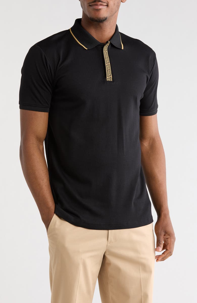 DENIM AND FLOWER Geometric Covered Placket Polo, Main, color, Black
