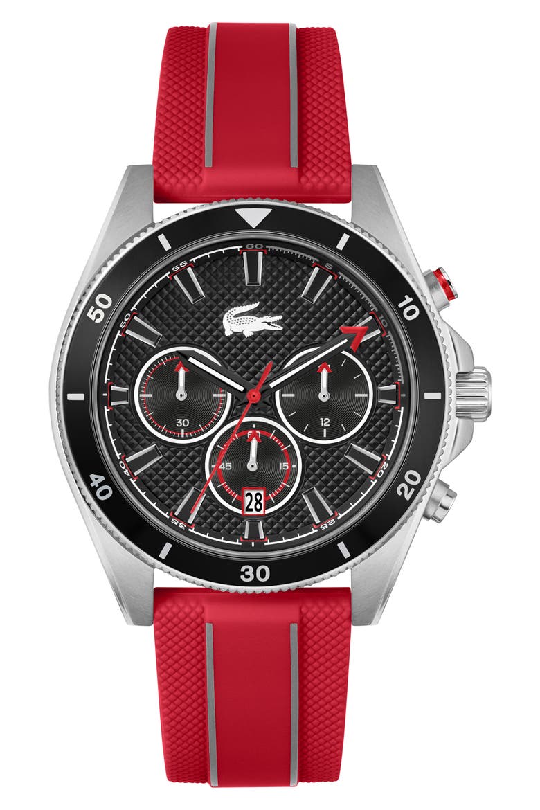 Mainsail Chronograph Silicone Strap Watch, 43mm, Main, color, RED/ BLACK