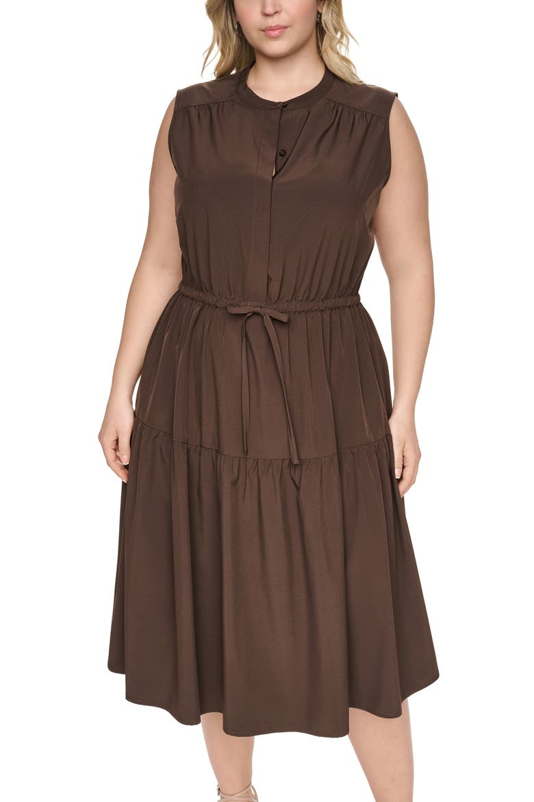 Drawstring A-Line Midi Dress, Alternate, color, COFFEE