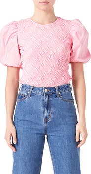 English Factory Asymmetric Shirred Puff Sleeve Top