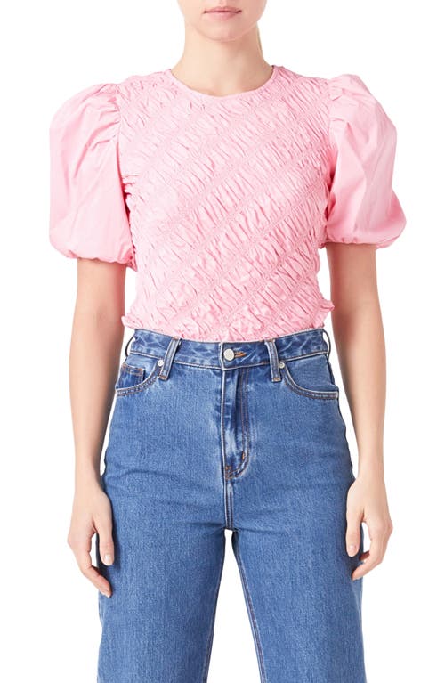 English Factory Asymmetric Shirred Puff Sleeve Top in Pink 