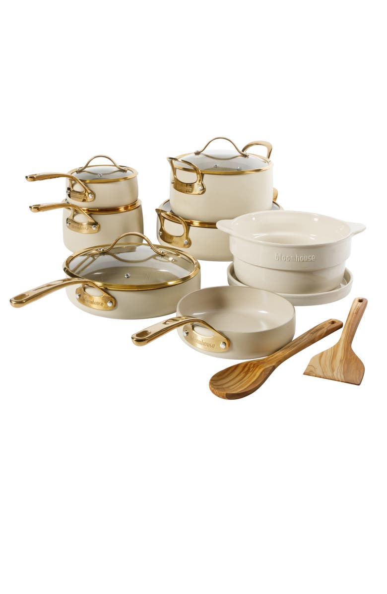 Bloomhouse 15 Piece Ceramic Nonstick Aluminum Cookware Set with Dutch Oven, Main, color, Linen With Gold Handle