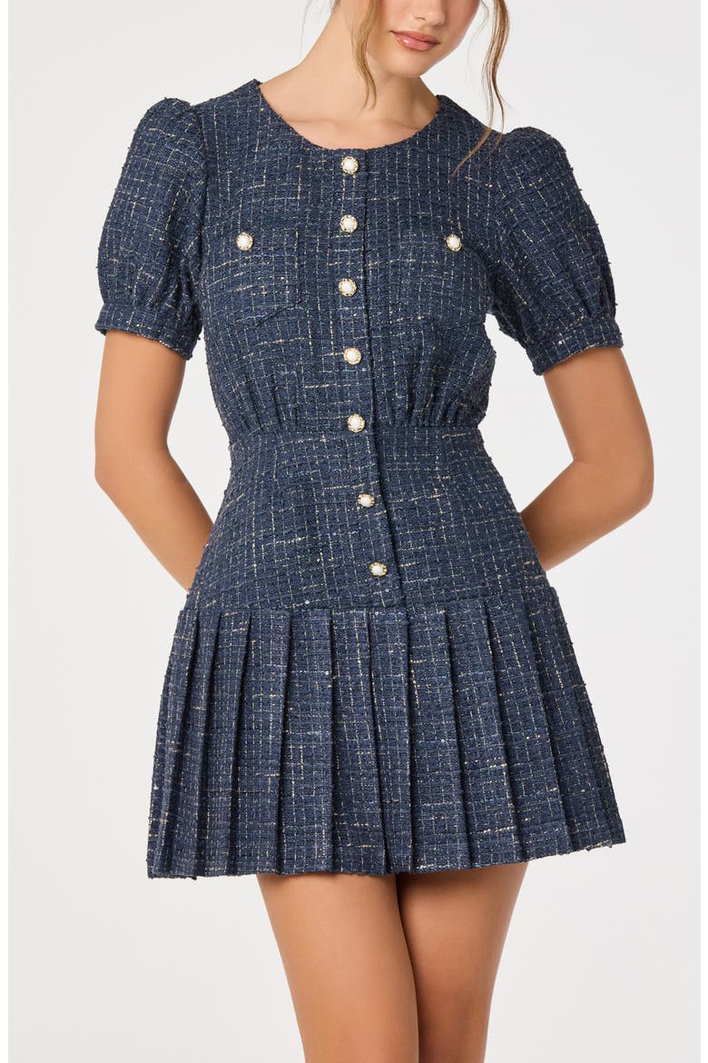 Brenlee Pleated Tweed Minidress, Alternate, color, DENIM BLUE