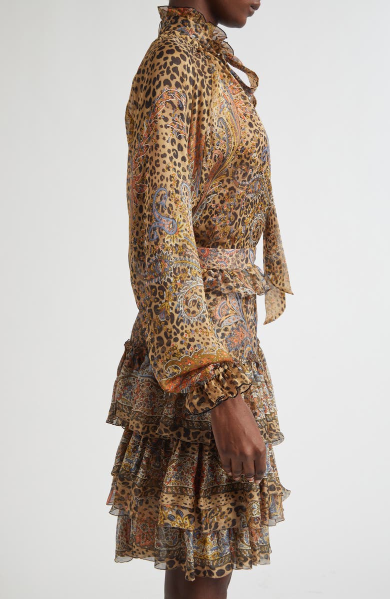 Etro Paisley Leopard Spot Tie Neck Silk Shirt, Alternate, color, Dark Brown