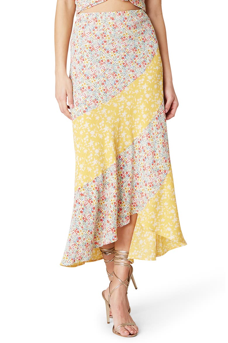 BB Dakota Mixing It Mixed Floral Print Midi Skirt, Main, color, LEMON DROP