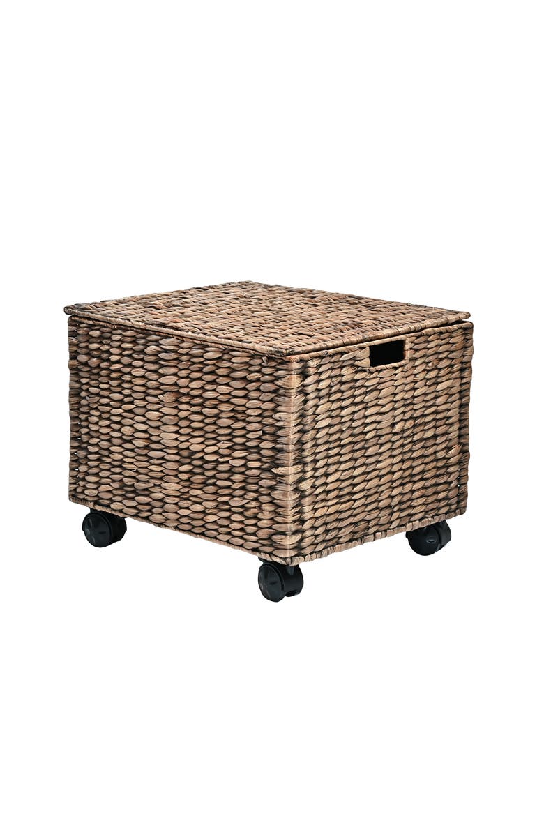 Ashton Classic Farmhouse Hand-Woven Hyacinth Rolling Filing Basket with Lid and 360 Degree Lockable Wheels, Alternate, color, Brown