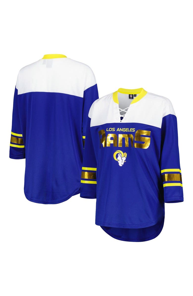 G-III 4HER BY CARL BANKS Women's G-III 4Her by Carl Banks Royal/White Los Angeles Rams Double Team 3/4-Sleeve Lace-Up T-Shirt, Main, color, Royal
