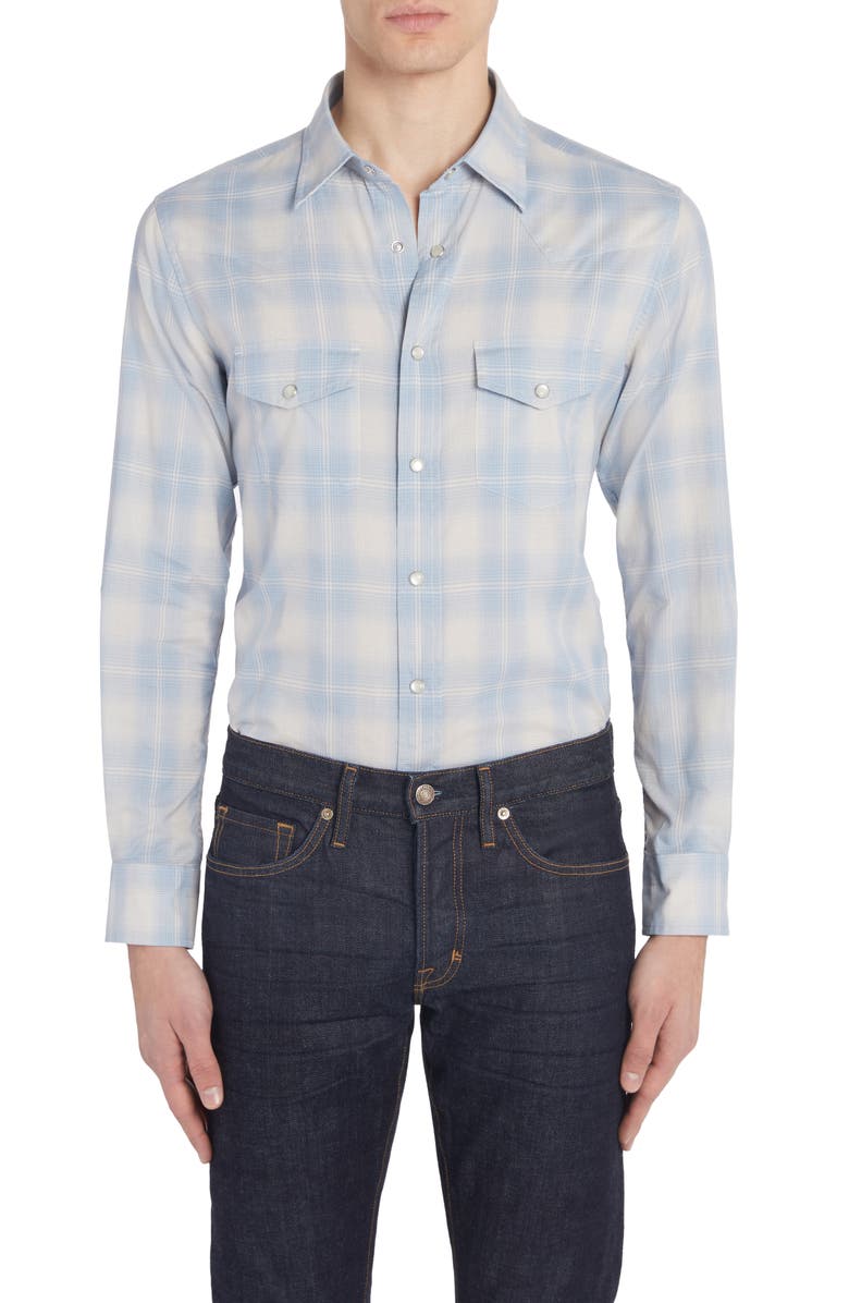 TOM FORD Dégradé Plaid Brushed Cotton Snap-Up Western Shirt, Main, color, Combo Light Blue White
