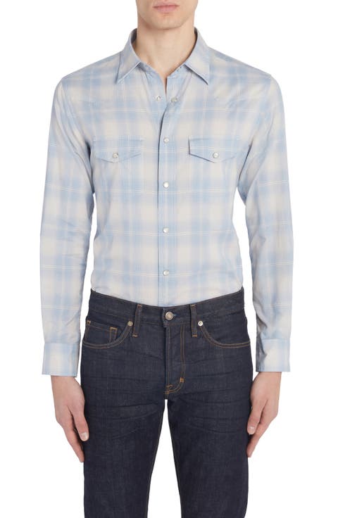 Dégradé Plaid Brushed Cotton Snap-Up Western Shirt