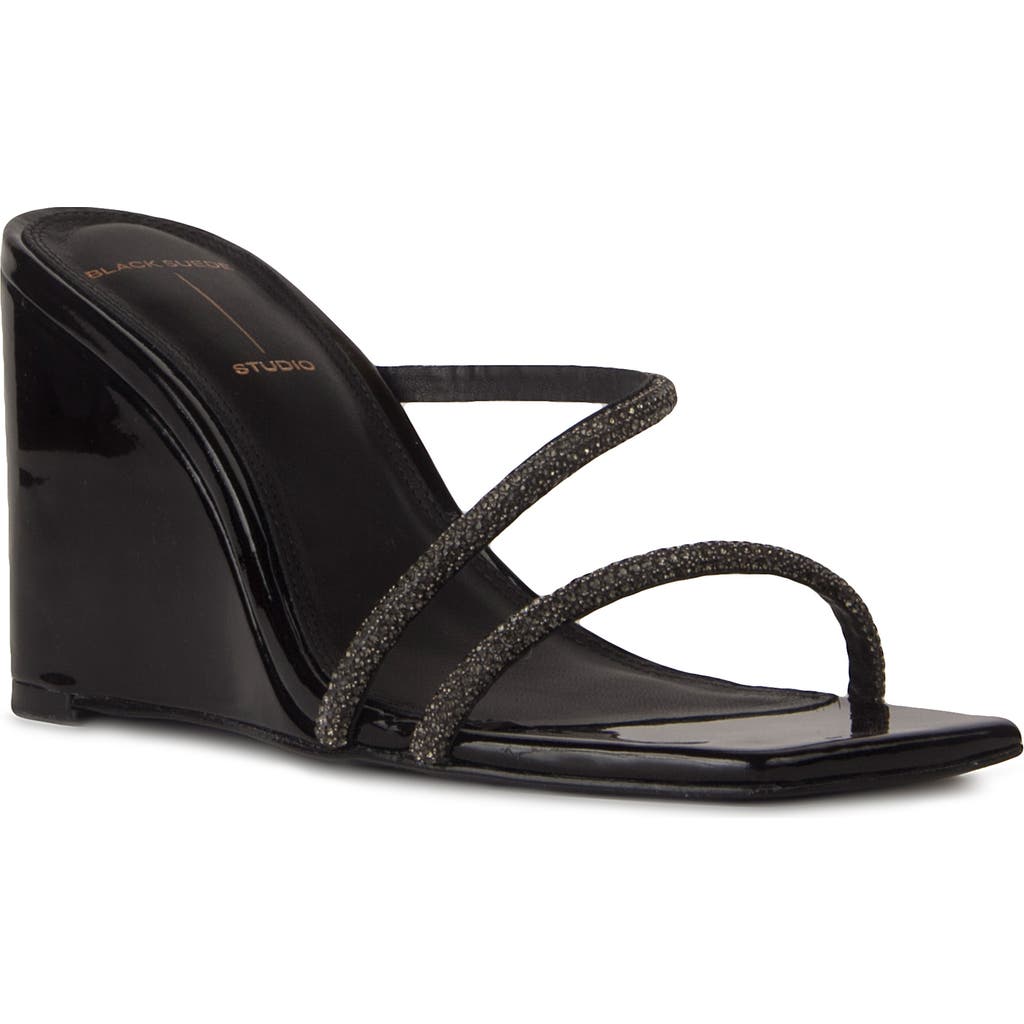 Black Suede Studio Olivia Crystal Wedge Slide Sandals In Black Patent