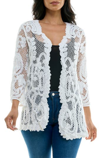 Nina Leonard Scalloped Lace Cardigan In White