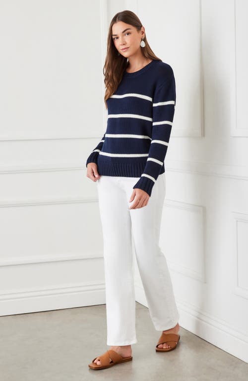 Shop Karen Kane Stripe Crewneck Sweater In Navy
