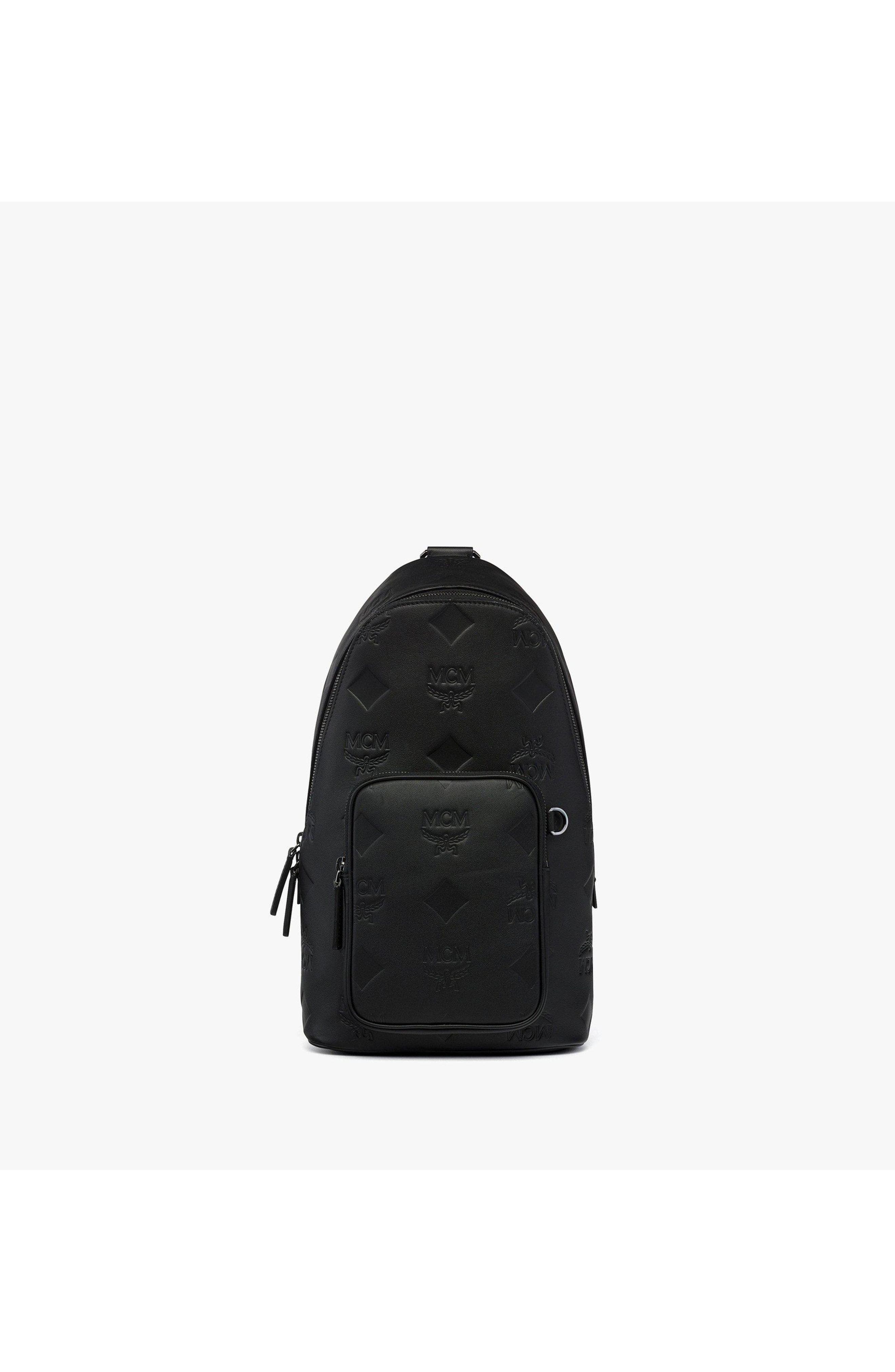 MCM Aren Sling Bag in Embossed Monogram Leather, Main, color, Black