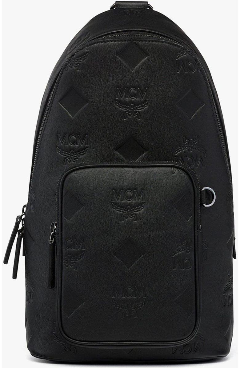 MCM Aren Sling Bag in Embossed Monogram Leather, Main, color, Black