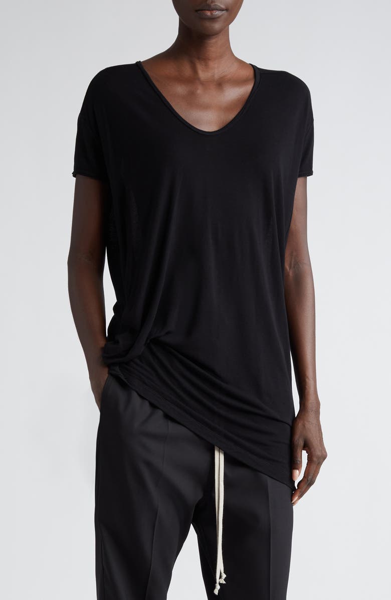 Rick Owens Hiked Asymmetric Drape Detail Jersey T-Shirt, Main, color,