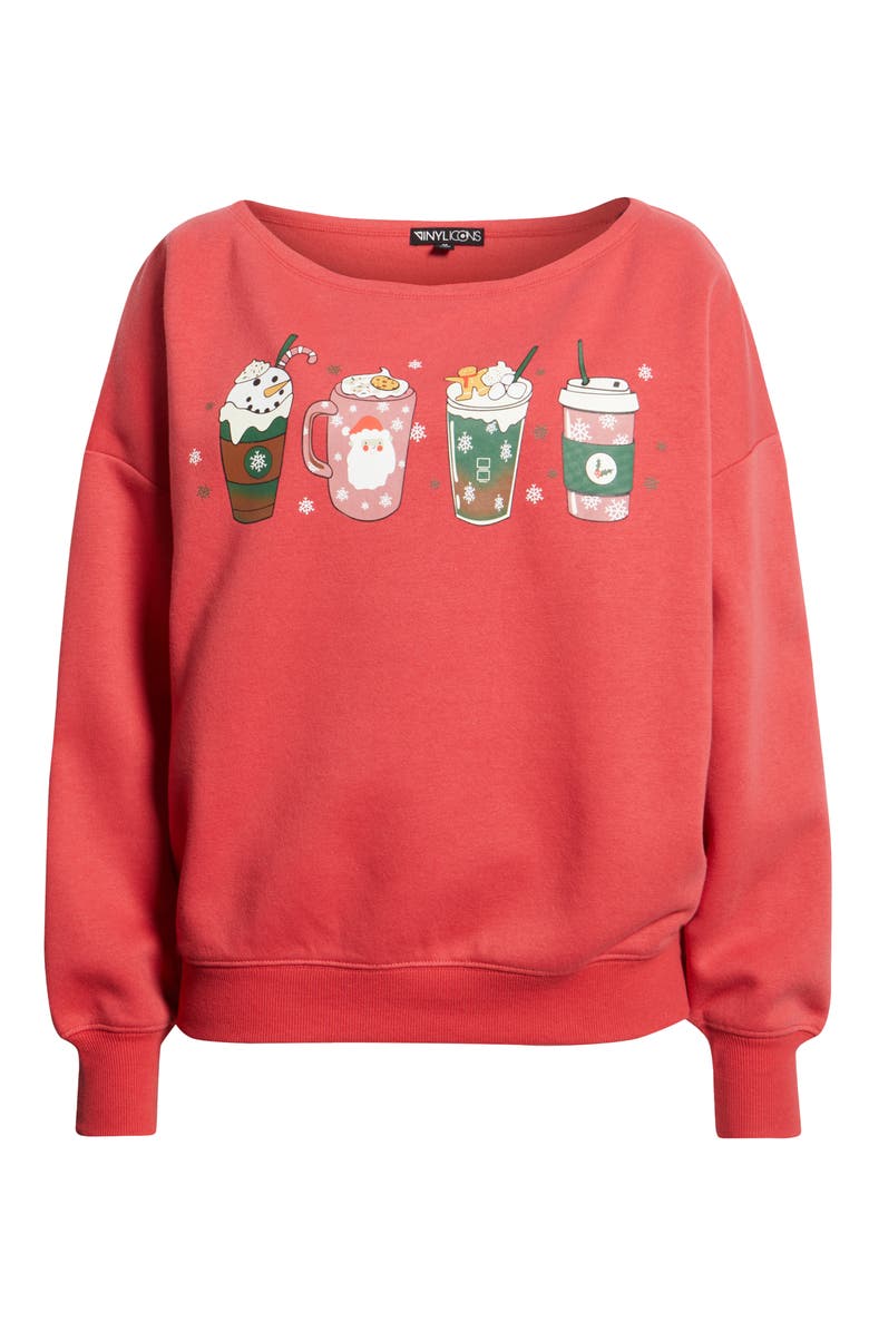 Vinyl Icons Holiday Drinks Boat Neck Sweatshirt, Alternate, color, Red