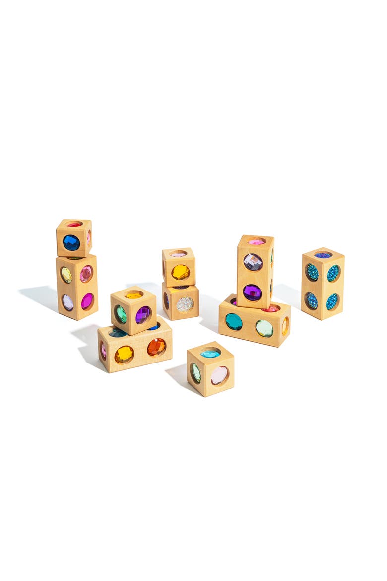 Frankie Wooden Building Blocks with Acrylic Gem Inlays - 10 Pieces, Alternate, color, Multicolor