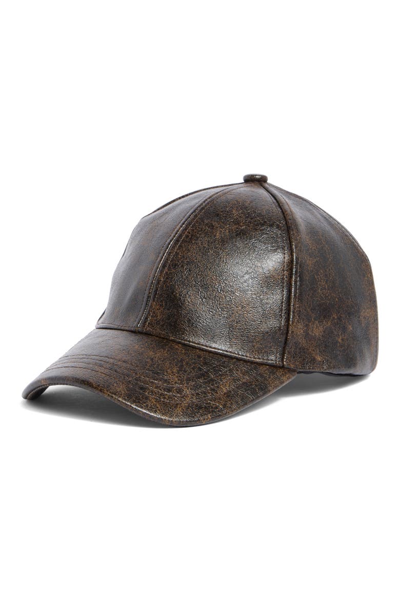 H-Anna Distressed Faux Leather Baseball Cap, Main, color, BLACK
