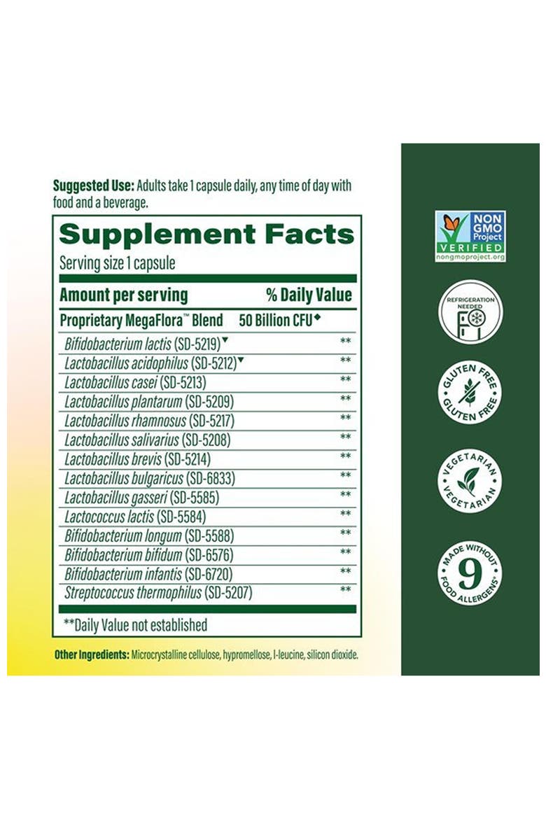 MegaFlora Daily Probiotic Plus, 50 Billion CFU, Vegetarian, 60 Capsules, Alternate, color, None