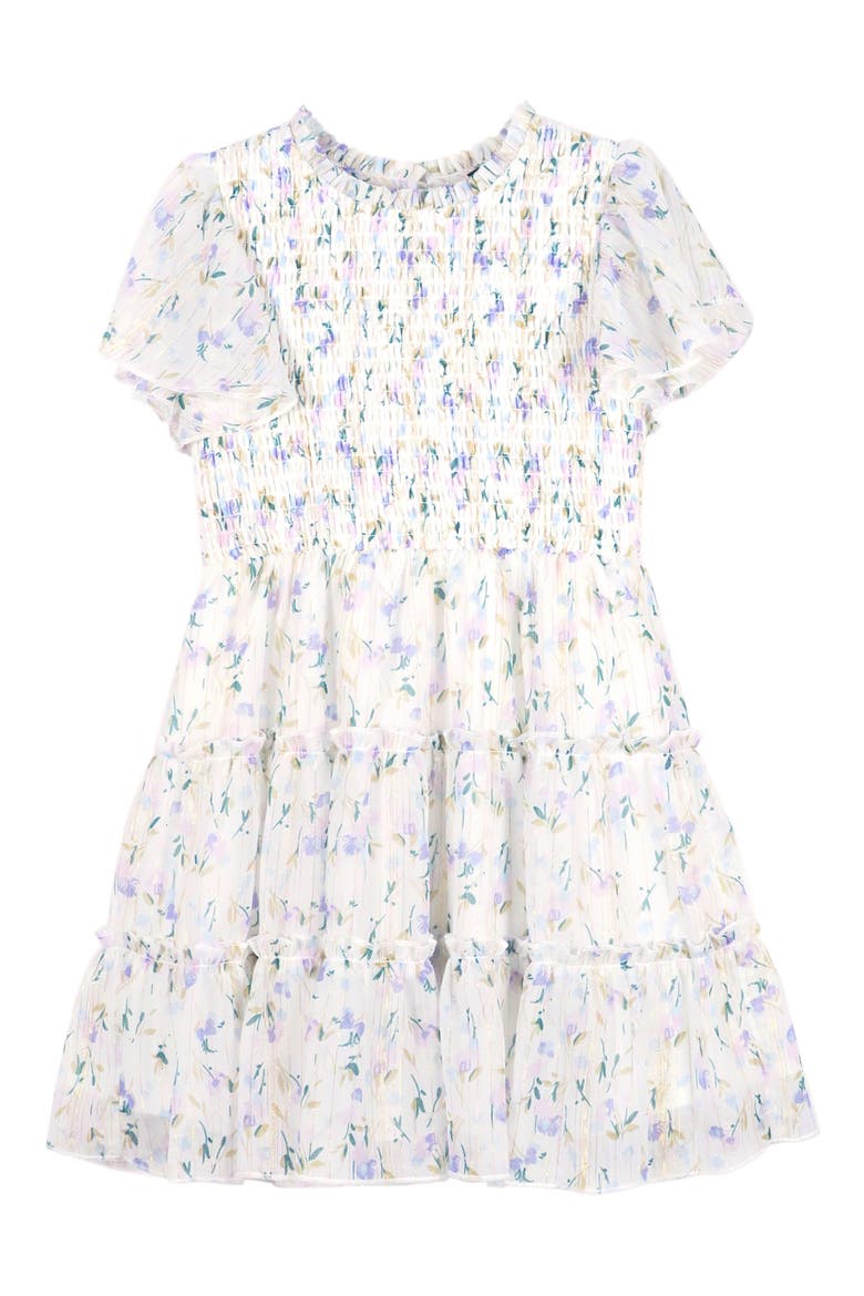 Kids' Metallic Floral Flutter Sleeve Smocked Bodice Party Dress, Main, color, IVORY/ LILAC