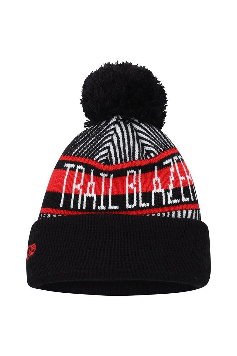 Youth New Era  Black Portland Trail Blazers Stripe Cuffed Knit Hat with Pom, Alternate, color, Black
