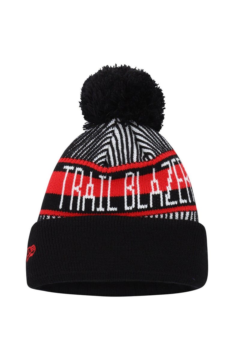 New Era Youth New Era  Black Portland Trail Blazers Stripe Cuffed Knit Hat with Pom, Alternate, color, 