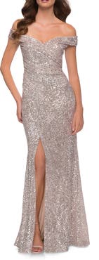 La Femme Off the Shoulder Ruched Sequin Dress with Slit