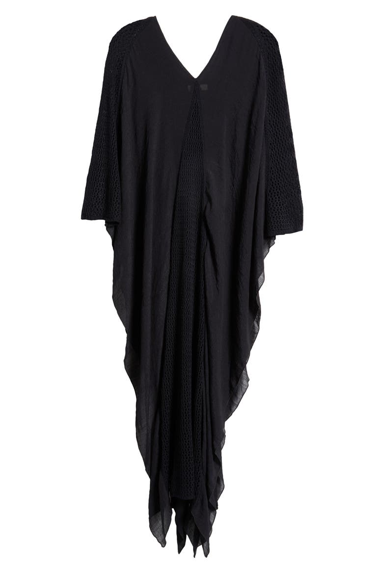 Open Stitch Detail Cover-Up Caftan Dress, Alternate, color, BLACK