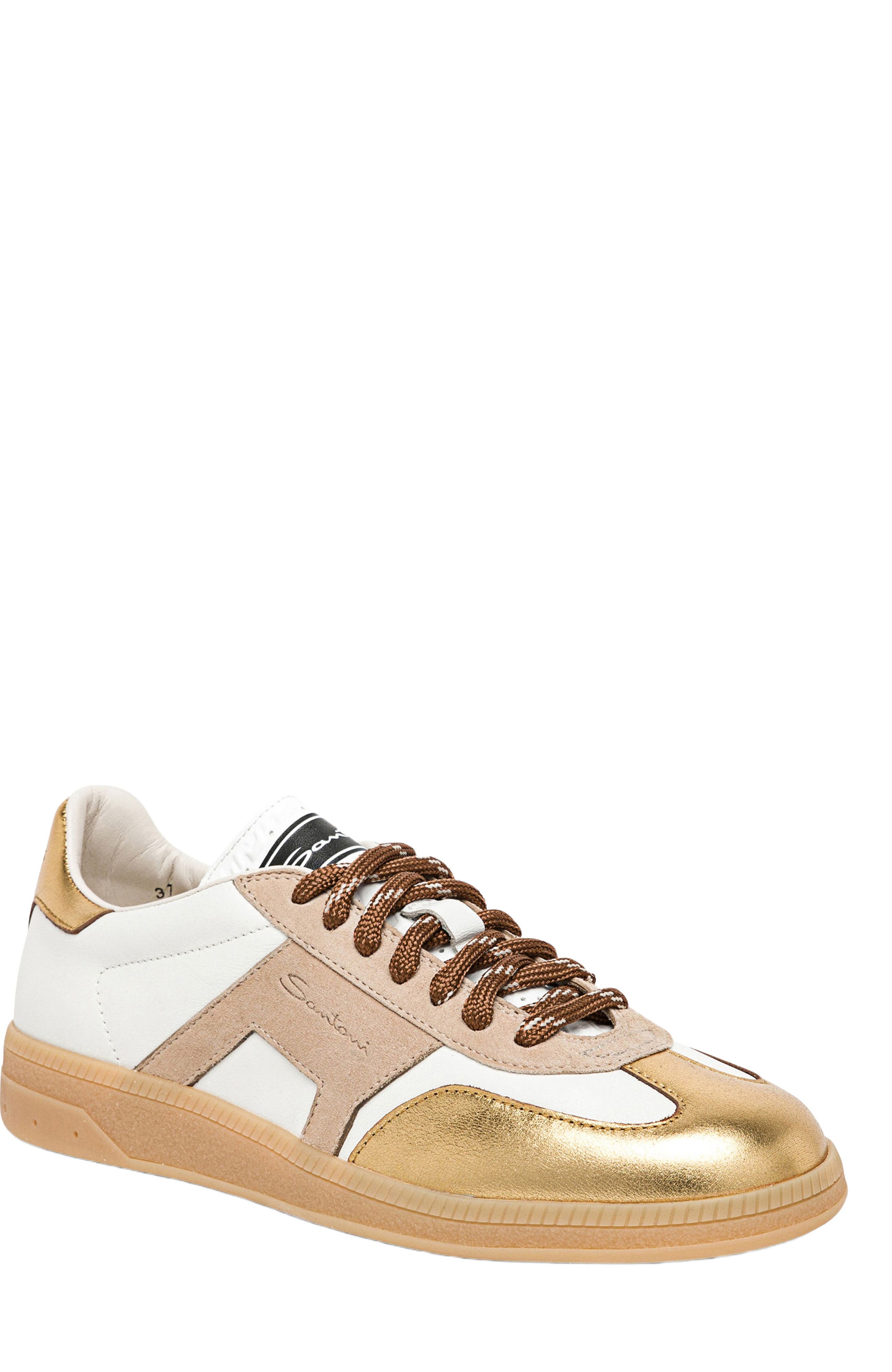 Santoni Women's leather and suede DBS Oly sneaker, Alternate, color, White/Beige/Silver