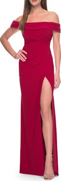 La Femme Off the Shoulder Jersey Dress with Ruching and Slit