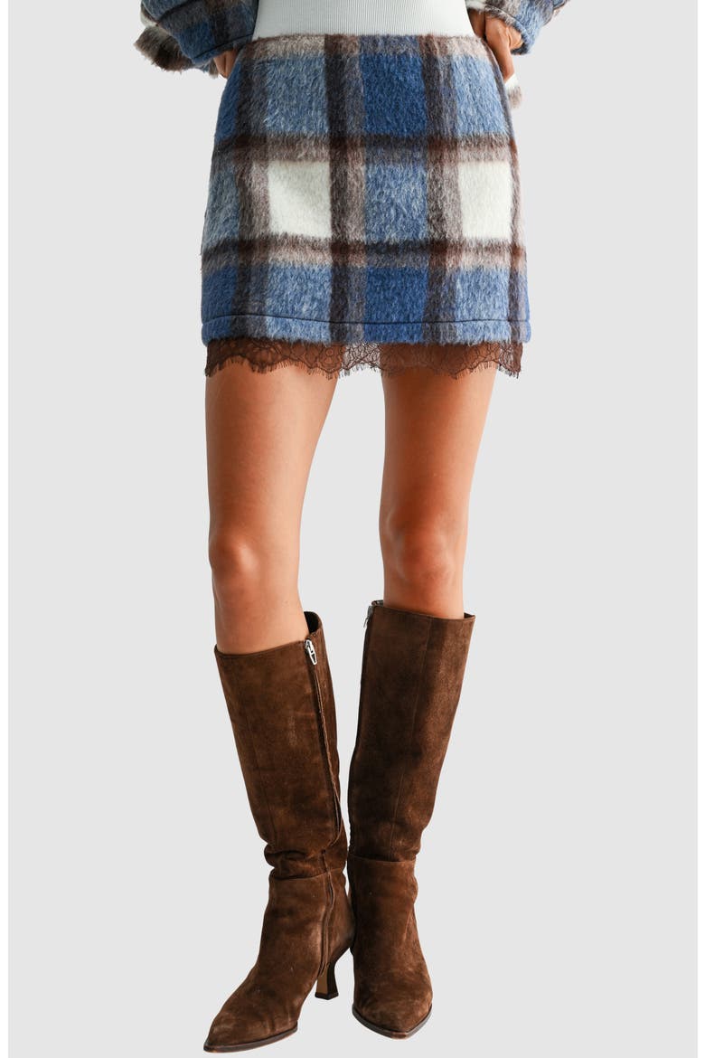 Plaid Lace Hem Miniskirt, Main, color, BLUE IVORY PLAID