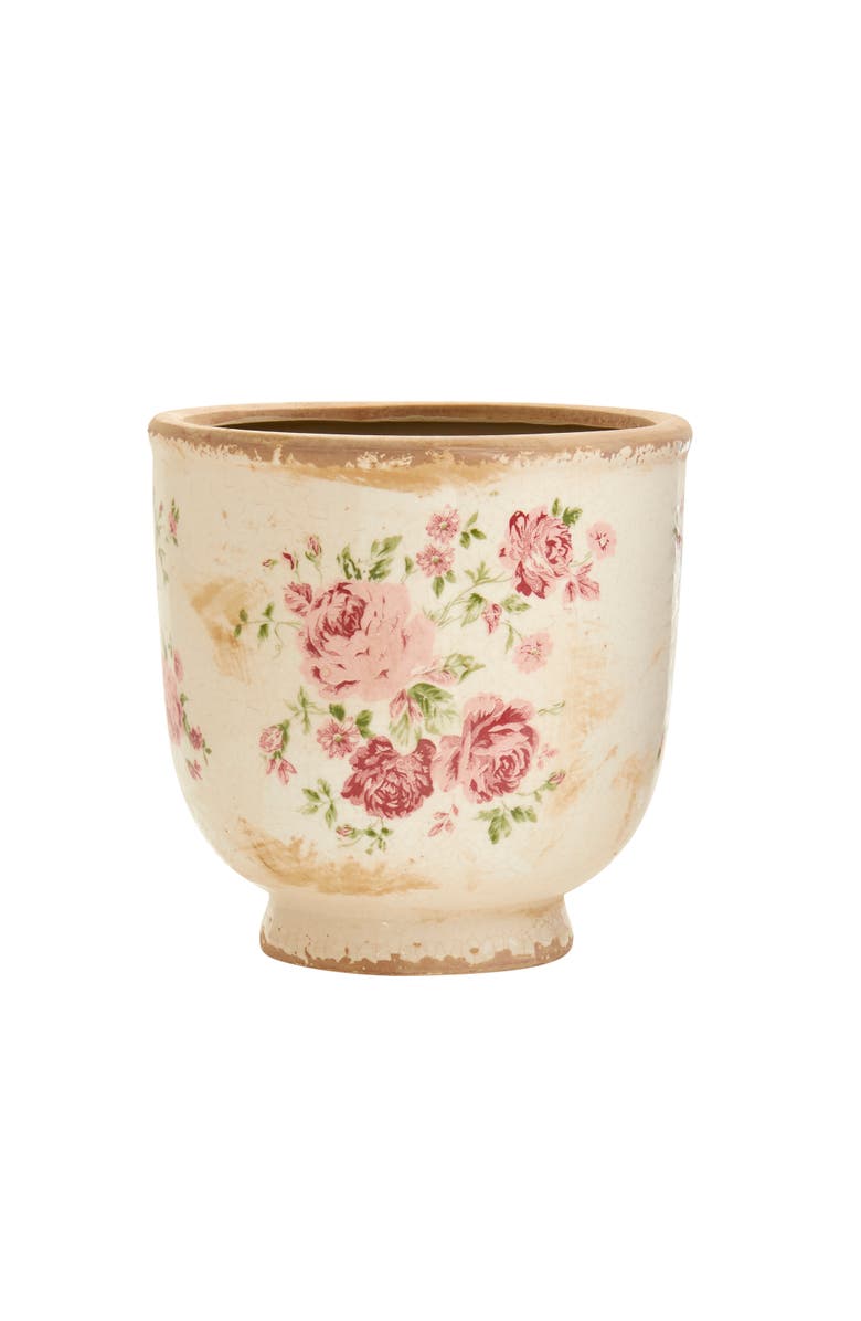 NEARLY NATURAL 7.5-in Tuscan Ceramic Floral Print Planter, Main, color, Green