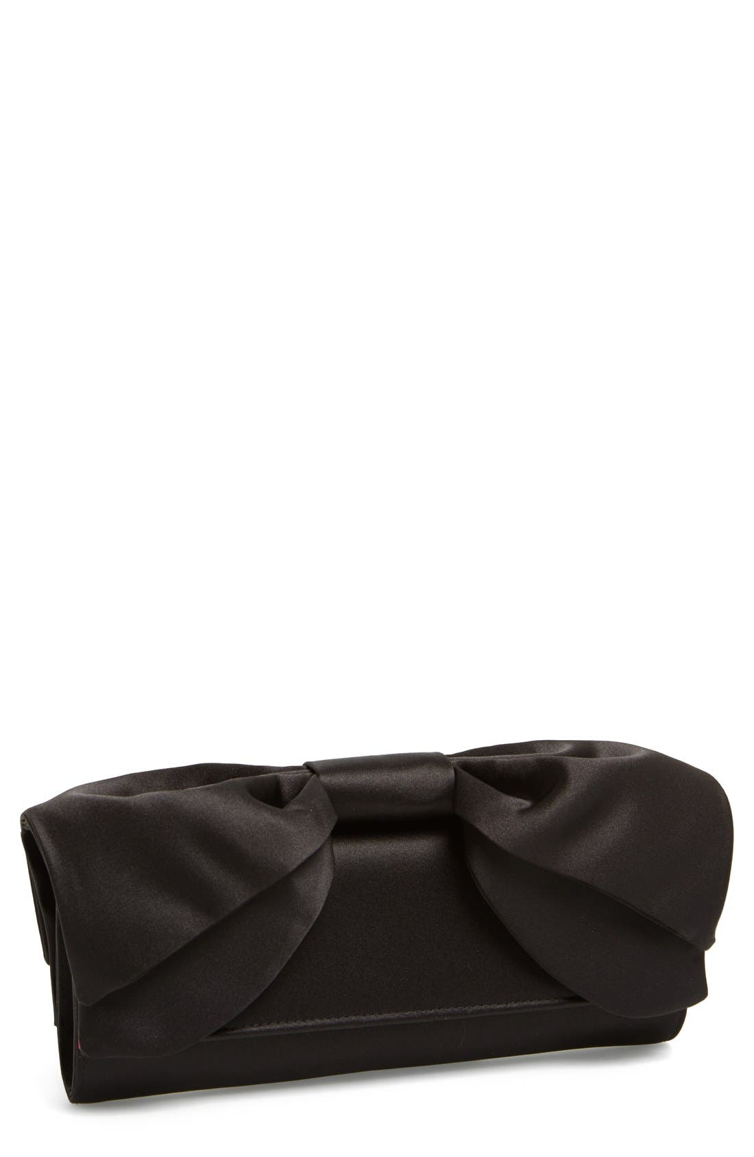 Satin Bow Handle Clutch, Main, color, BLACK