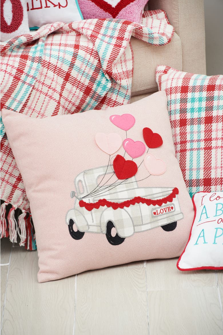Heart Balloons Love Truck Embroidered Valentine's Day Accent Throw Pillow 18" x 18", Alternate, color, Pink