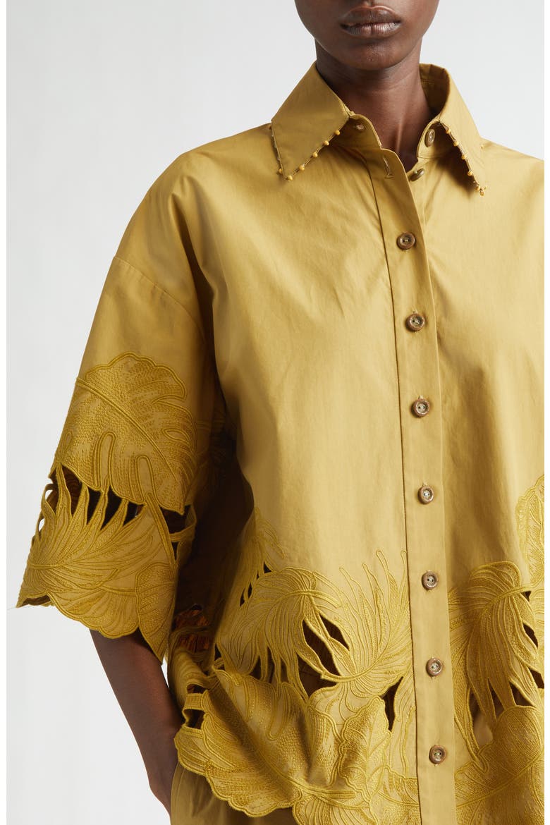 Mahon Oversize Embroidered Cutwork Cotton Button-Up Shirt, Alternate, color, MOSS