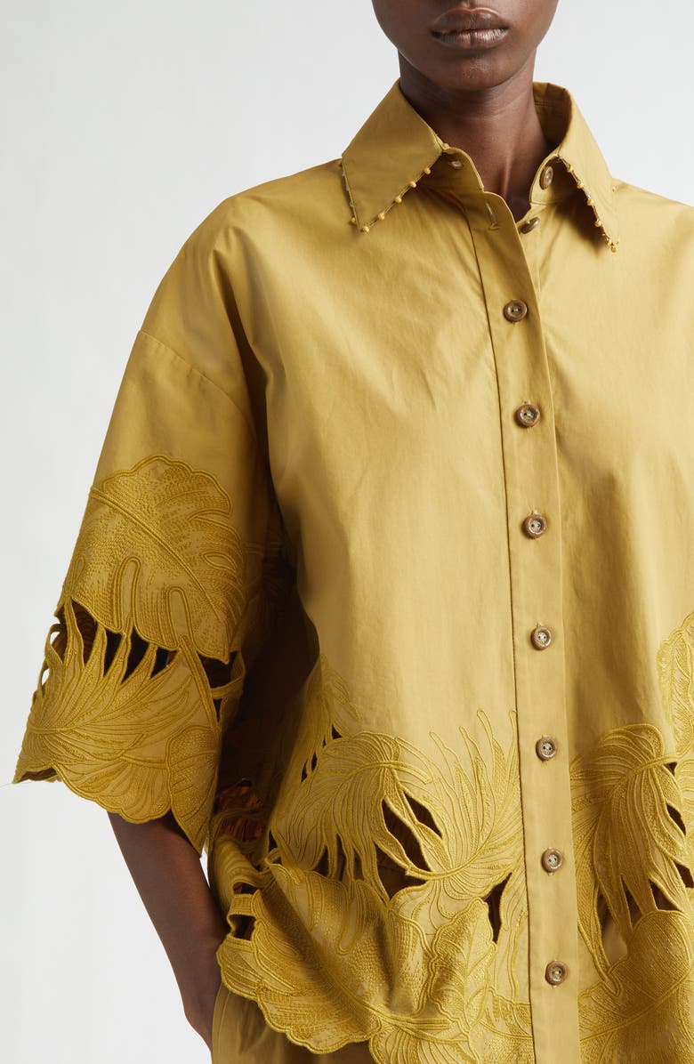 Zimmermann Mahon Oversize Embroidered Cutwork Cotton Button-Up Shirt, Alternate, color, Moss