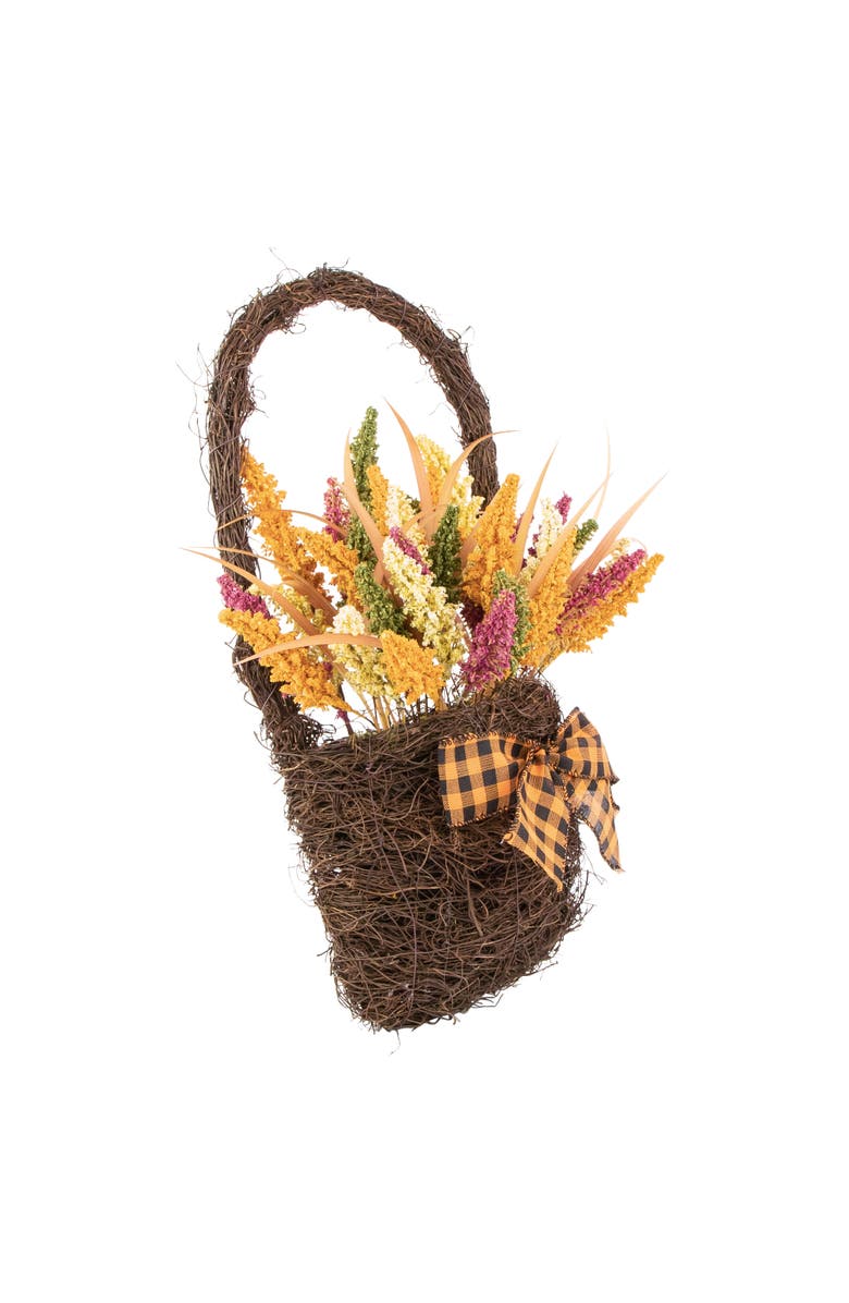 Northlight Autumn Harvest Hanging Basket with Artificial Foliage and Checkered Bow - 22", Alternate, color, Orange