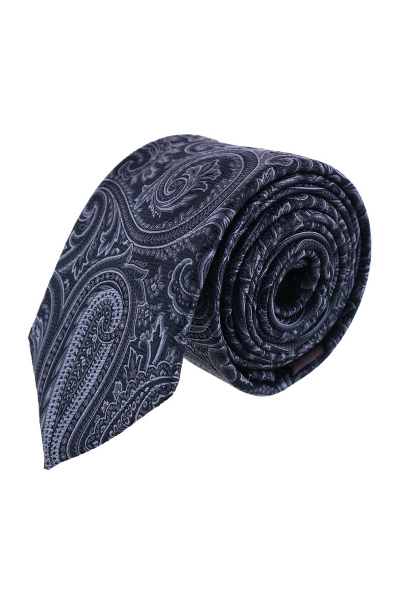 Sobee Paisley Silk Necktie and Pocket Square, Alternate, color, Black