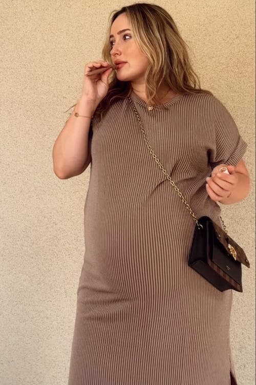 Pinkblush Ribbed Short Sleeve Midi Dress In Brown