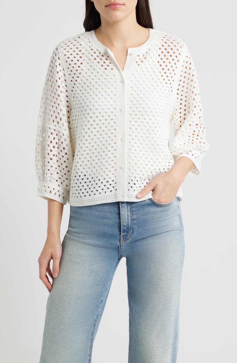 Wit & Wisdom Openwork Blouson Sleeve Top, Main, color, Off White