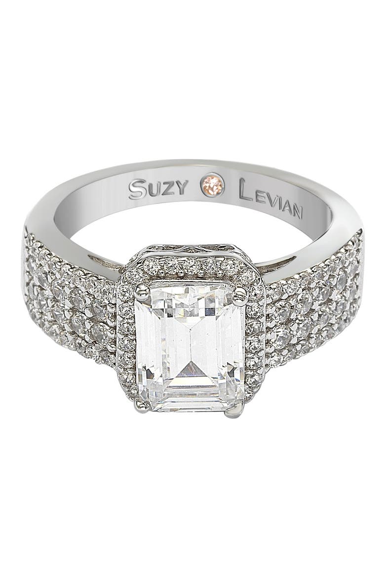 Sterling Silver Emerald Cut White Cubic Zirconia Halo Bridal Ring, Alternate, color, WHITE