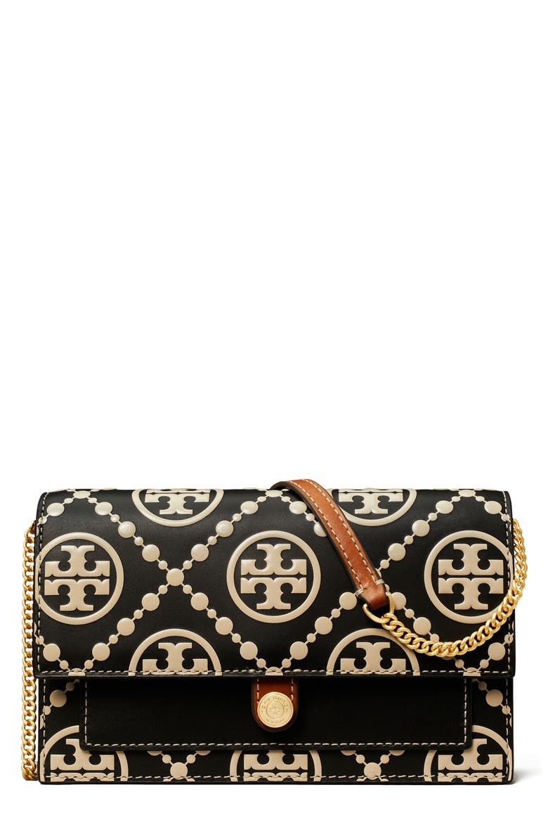 T Monogram Embossed Leather Wallet Crossbody, Main, color, BLACK / NEW CREAM