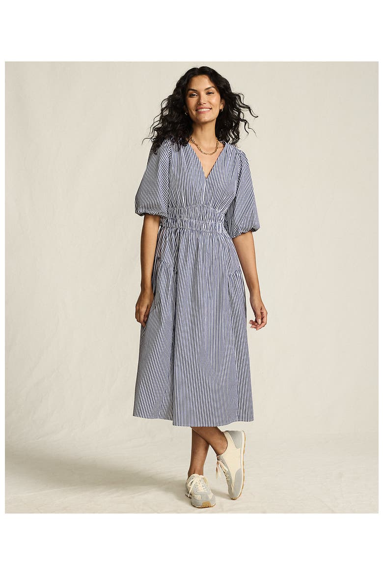 Puff Sleeve Smocked Waist V Neck Dress, Alternate, color, Blue/White Stripe