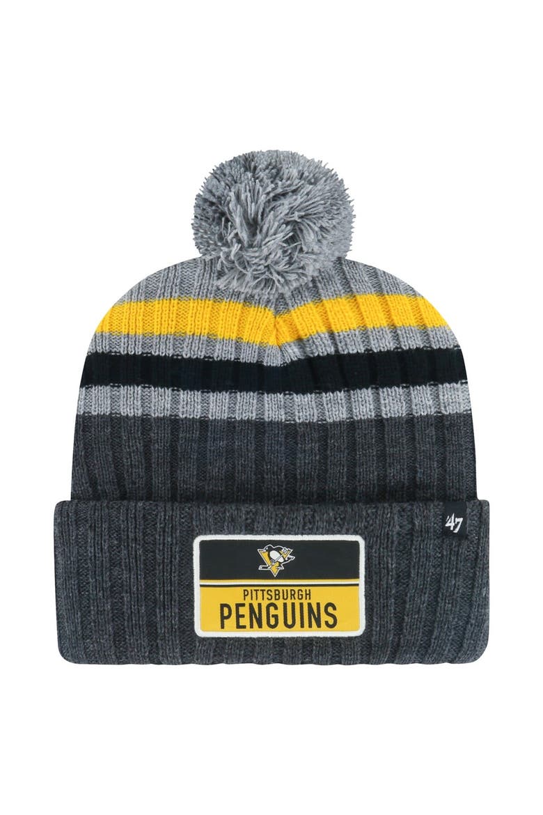 Men's '47 Gray Pittsburgh Penguins Stack Patch Cuffed Knit Hat with Pom, Main, color, Gray