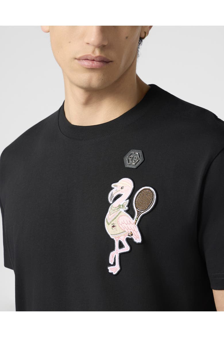 Round Neck T-Shirt Tennis Flamingo Patch Men, Alternate, color, black