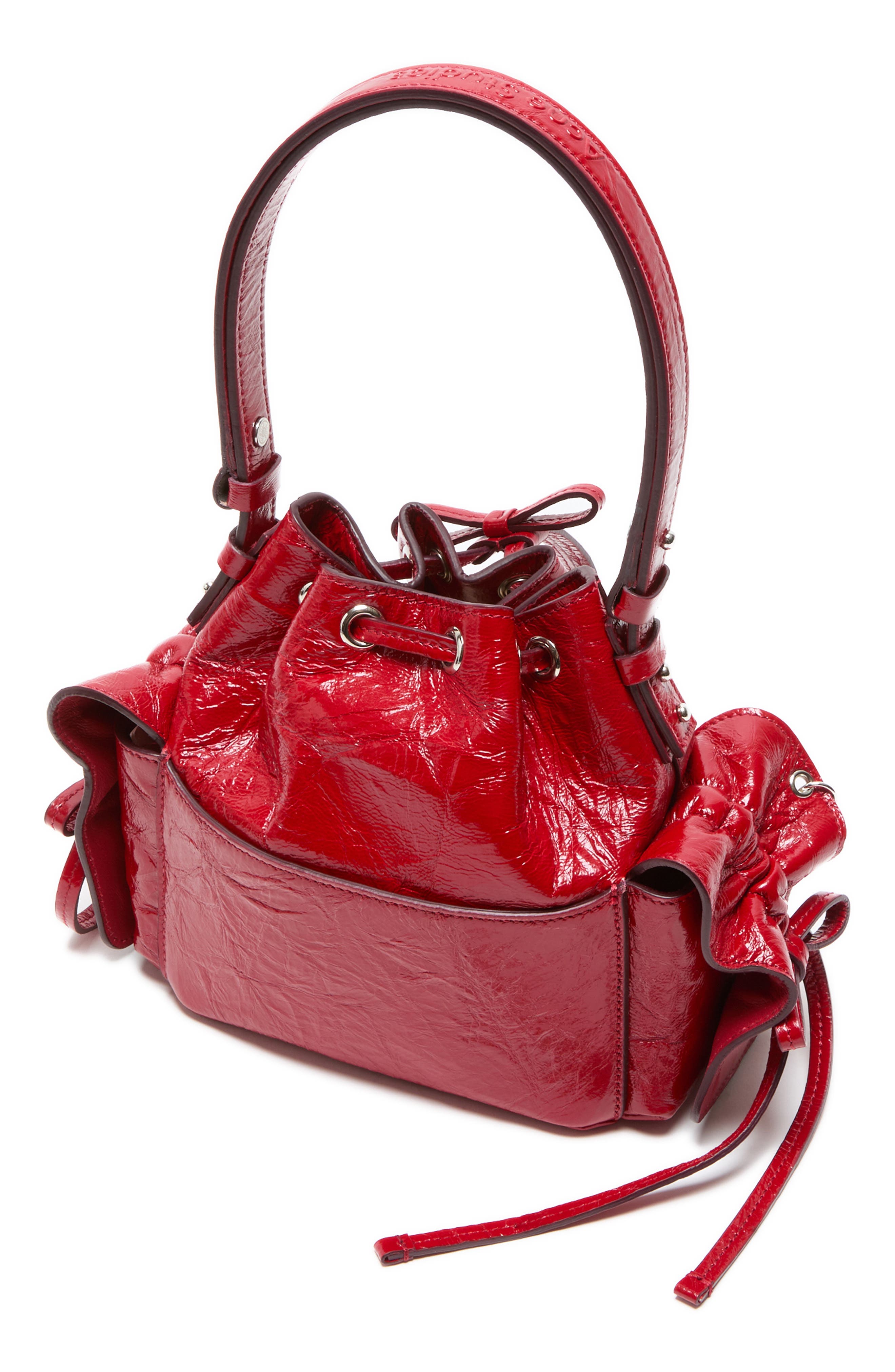 Acne Studios Mini Multipocket Crinkled Shiny Leather Bucket Bag, Alternate, color, Red