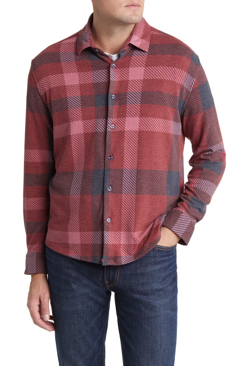 Big Plaid Tech Fleece Button-Up Shirt, Main, color, BURGUNDY